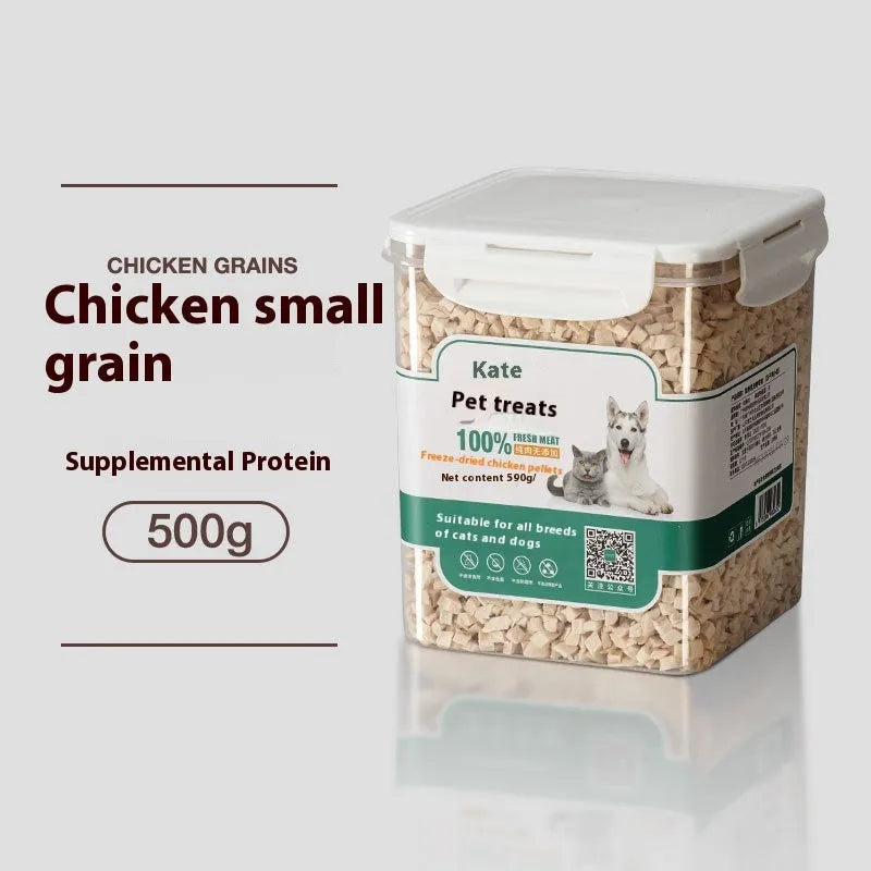 500g freeze-dried chicken cat treats in resealable bag or storage tin options