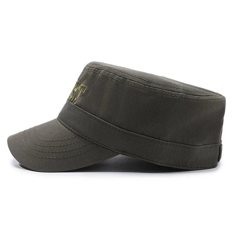 Men's cotton flat-top peaked cap in army green with adjustable size and English letters