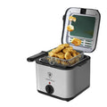 Silver 2.5-litre stainless steel electric air fryer with a detachable frying basket.