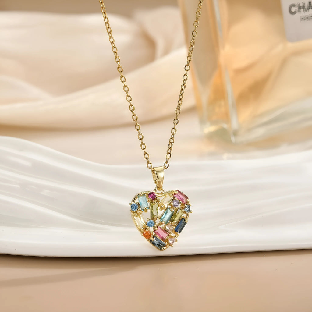 Copper heart pendant necklace with zircon accent on O-ring chain, electroplated finish, gold blue colour option