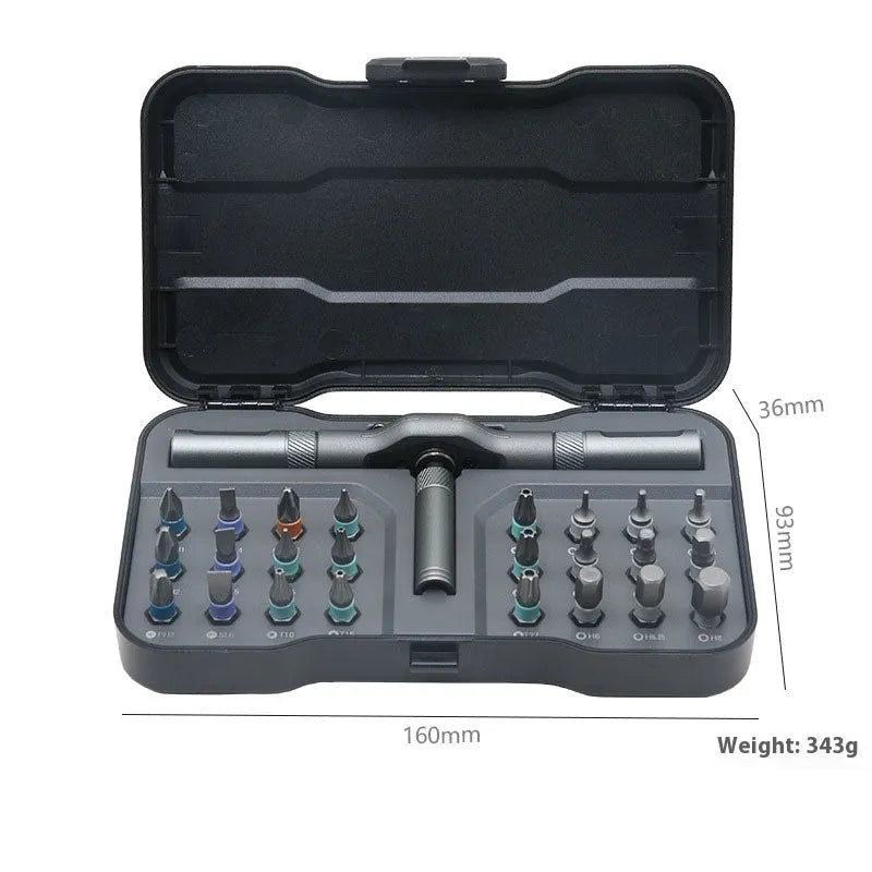 24-in-one ratchet screwdriver set with magnetic bits, stainless steel handle, and S2 CRV cutter heads for household and phone repairs