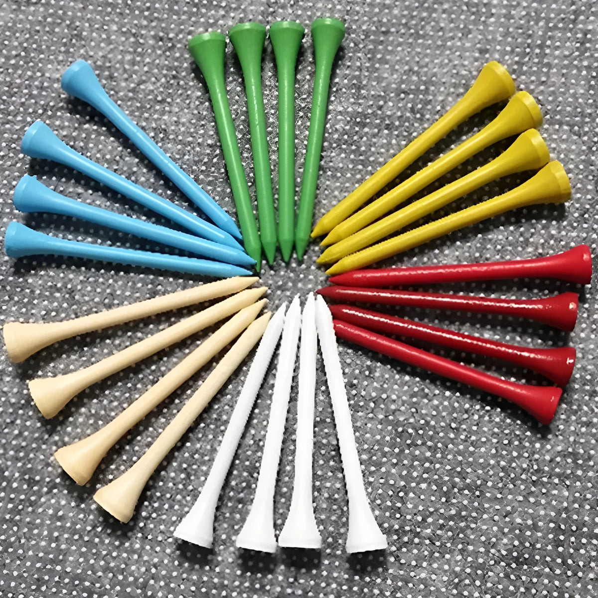 100 pack golf ball tray seat nail pins in seven colours including white, yellow, red, green, and blue