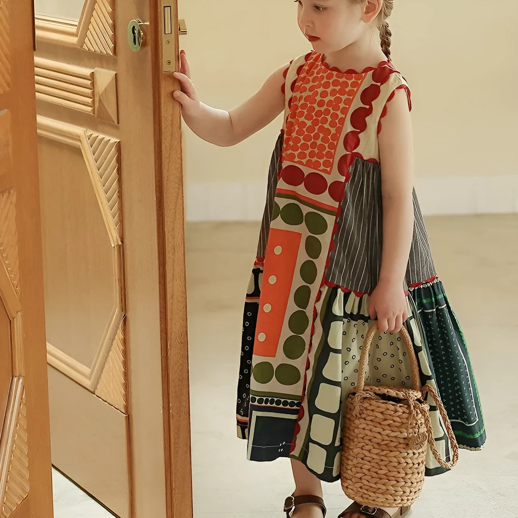 Girls sleeveless cotton dress with abstract colour contrast patchwork in skirt colour, suitable height 90cm to 140cm