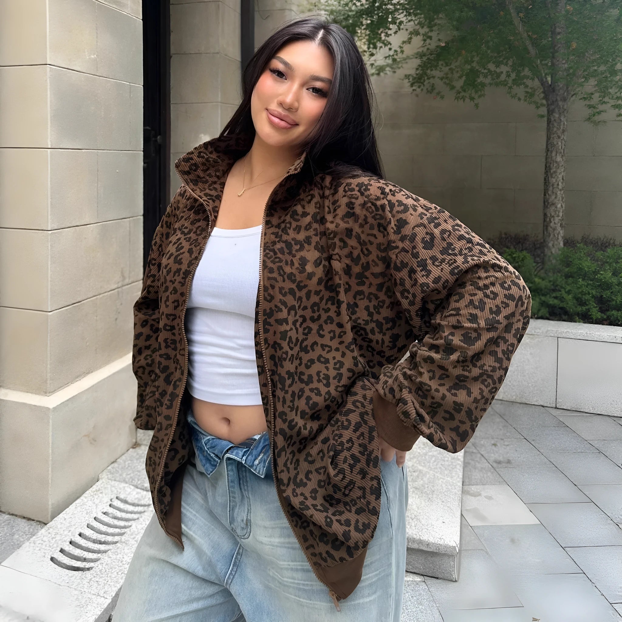 Brown leopard print corduroy zip-up sweatshirt for women with long sleeves and loose fit