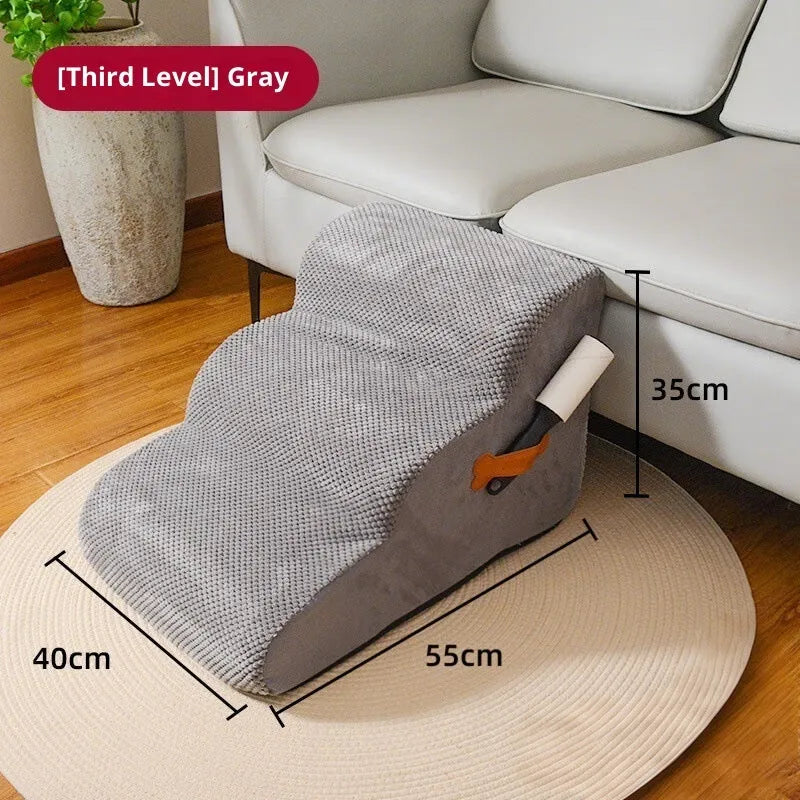 Gray sloped pet stairs for cats and small dogs with removable washable cover, three-level size