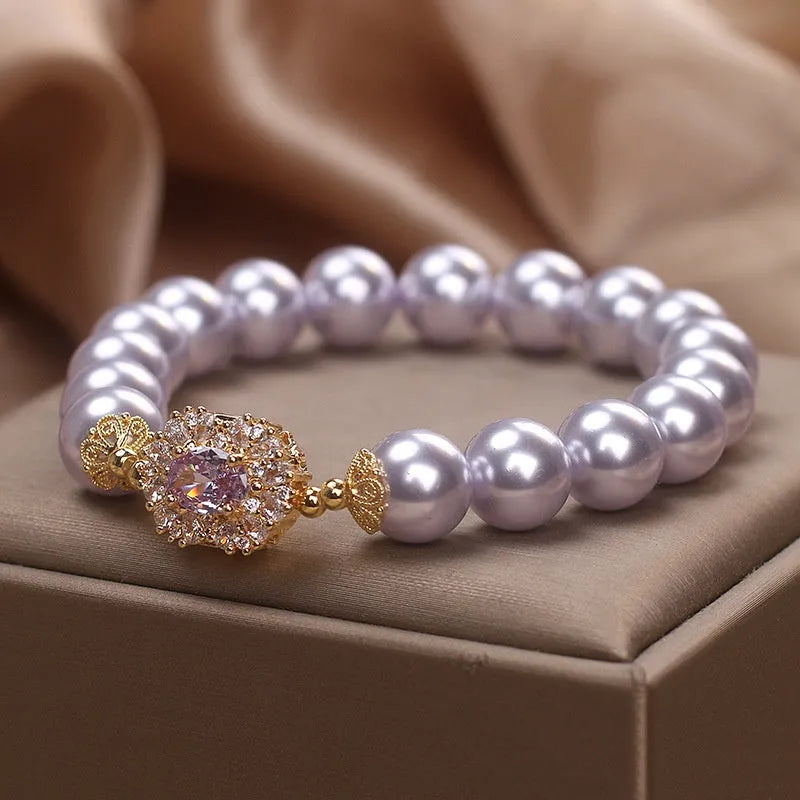 Dreamy purple zircon pearl bracelet with diamond flower design in lavender purple for women