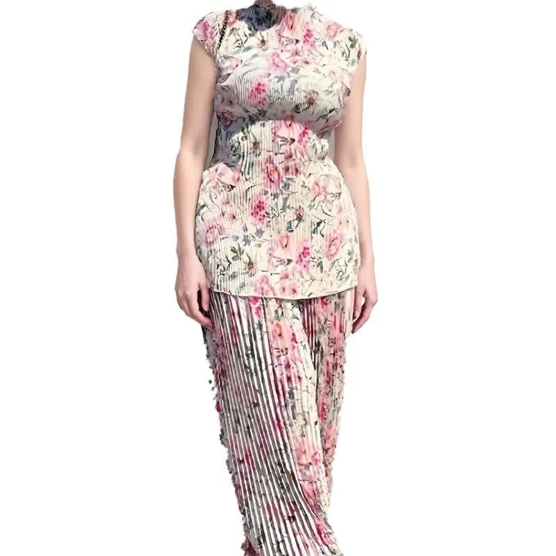 Long sleeve printed chiffon dress and matching skirt set on a hanger, high waist design