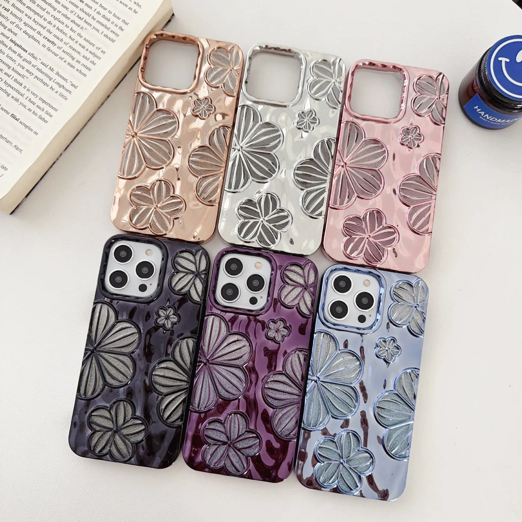 Electroplating pleated flower iPhone case in gold with soft shell and fall protection, for iPhone 11 to 15 Pro Max