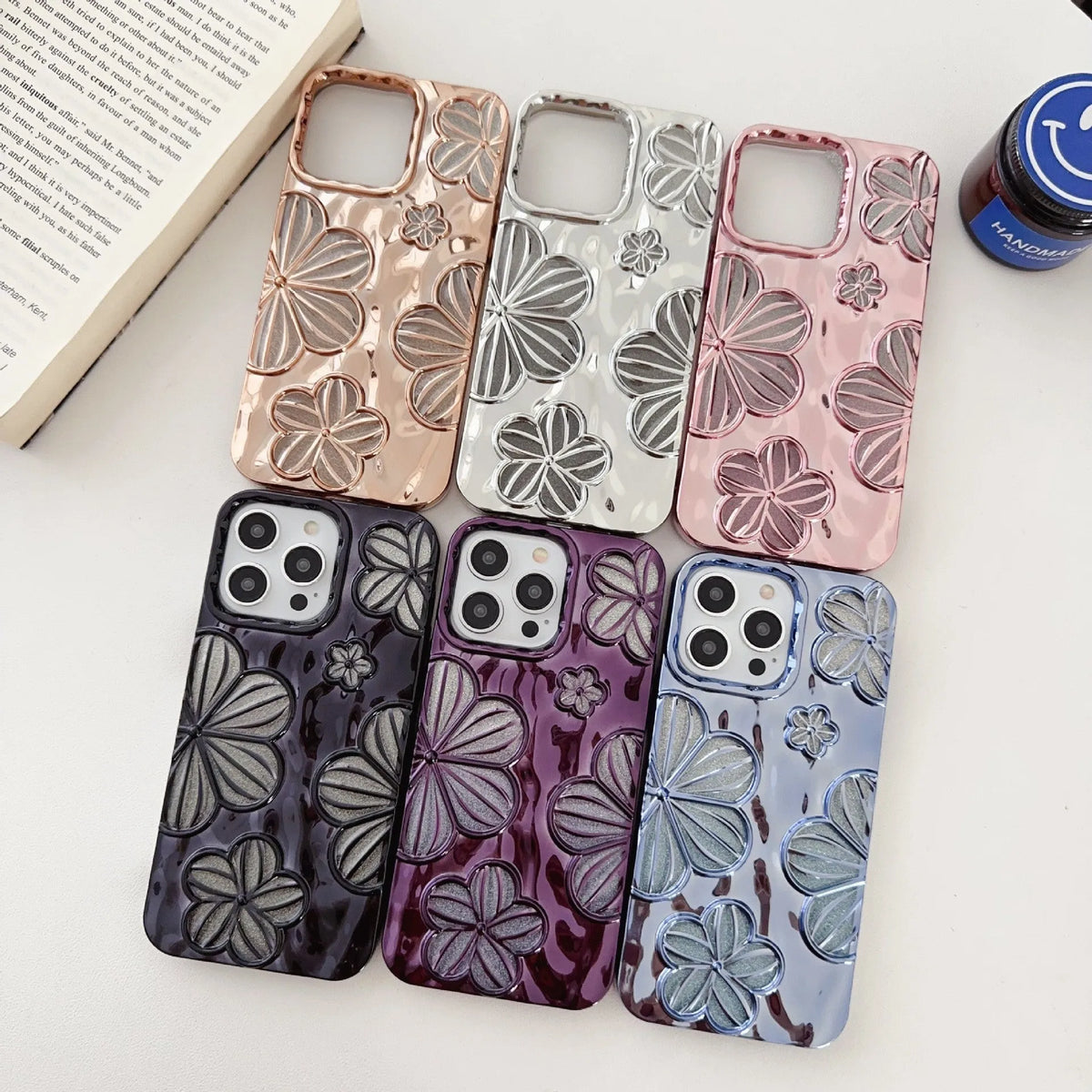 Electroplating pleated flower iPhone case in gold with soft shell and fall protection, for iPhone 11 to 15 Pro Max