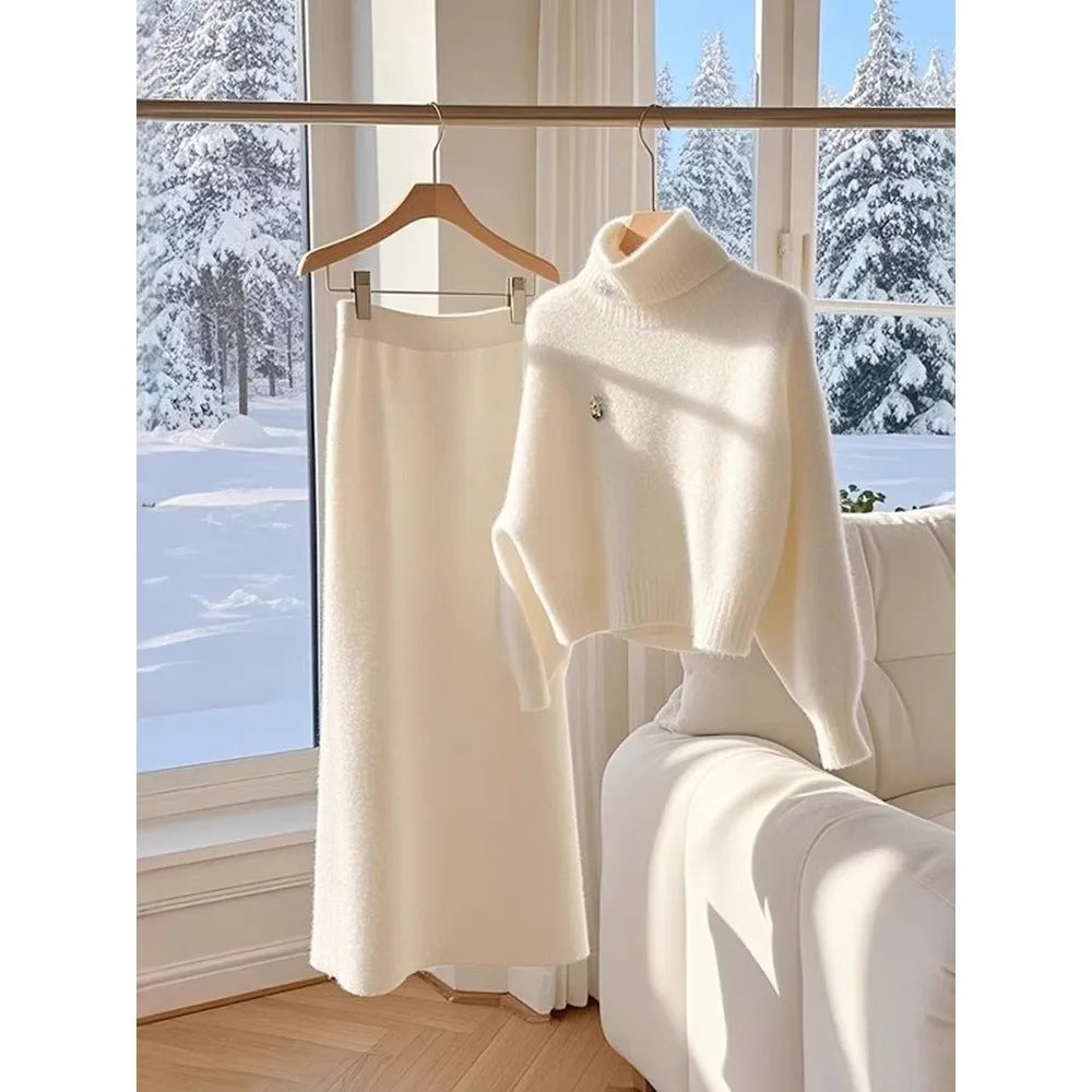 White knitted sweater skirt suit with long sleeve top and long skirt for women, sizes S-3XL.
