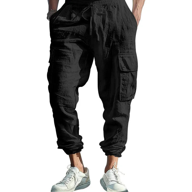 Men's loose-fit linen casual trousers with ankle ties and multiple pockets in Army Green.