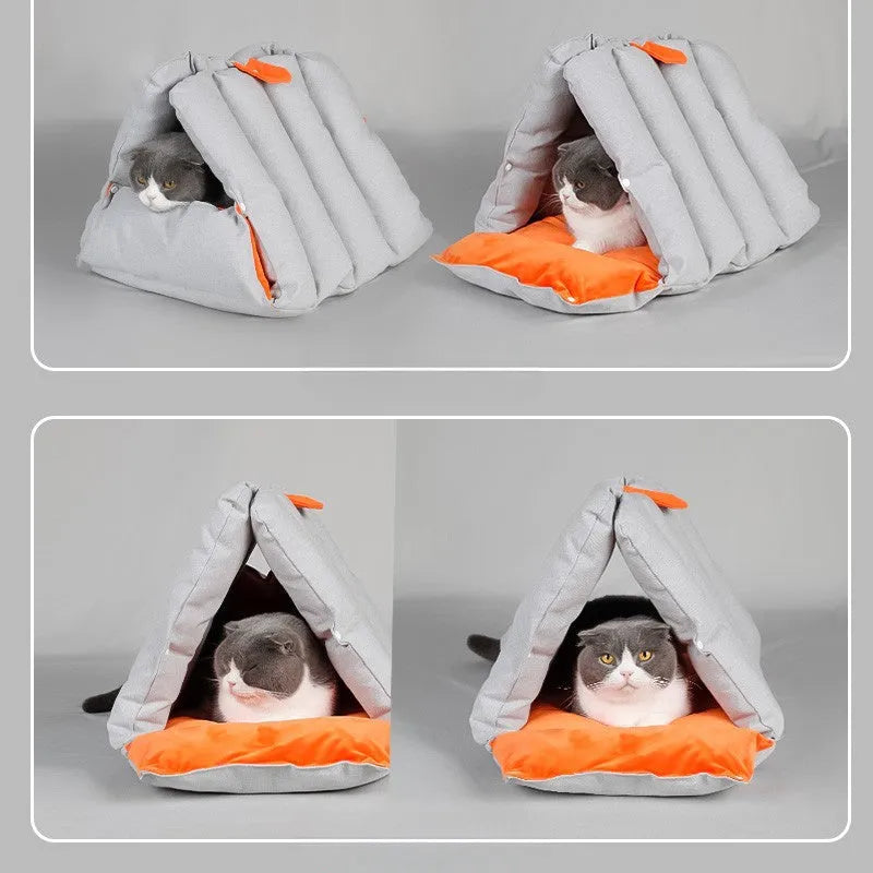 Blue triangular cat bed with removable cotton cover showing drilled holes for connecting multiple units