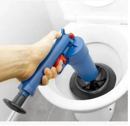 Manual high-pressure air power drain blaster gun with four different sized plastic sucker adaptors.