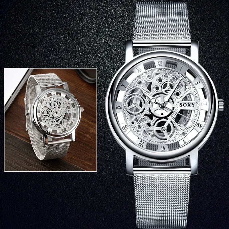 Men's non mechanical watch with hollow cross border design, black dial and simple strap on wrist