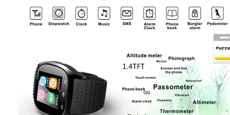 Bluetooth smart sports watch compatible with iPhone and Android in black, white or blue colours