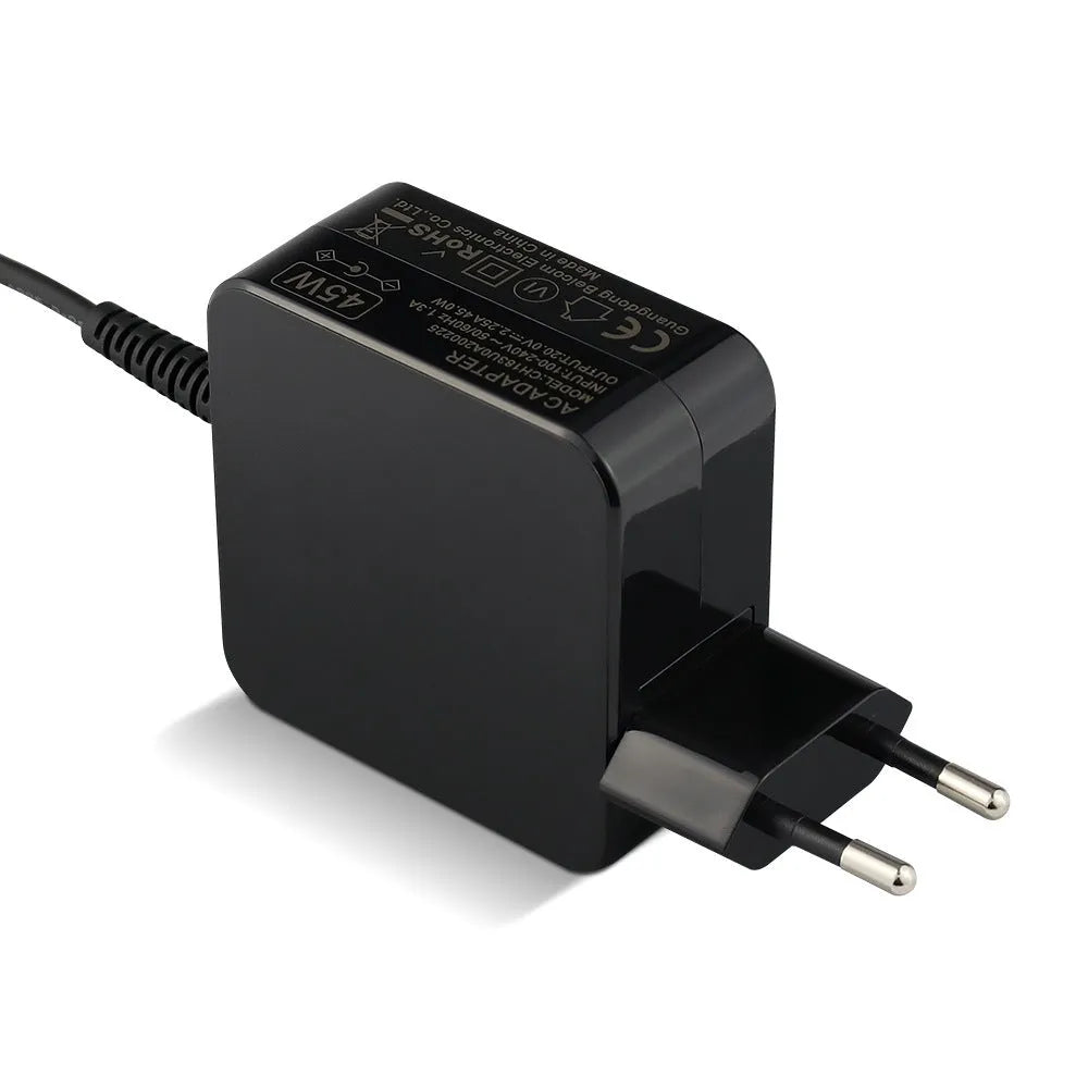 Black 45W laptop power adapter with EU and US plug attachments and a DC charging cable.