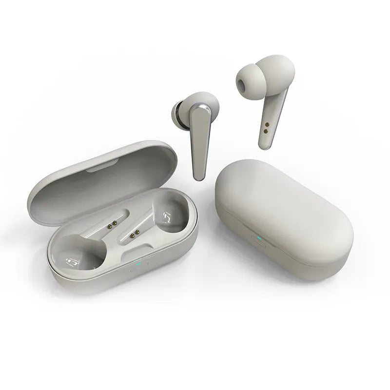 Black ANC active noise cancelling Bluetooth earplug headphones showing earpieces and charging case.