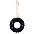 Black natural rubber tire dog toy with rope for aggressive chewers, large size 35x16 cm
