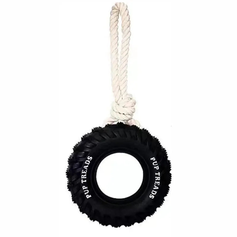 Black natural rubber tire dog toy with rope for aggressive chewers, large size 35x16 cm