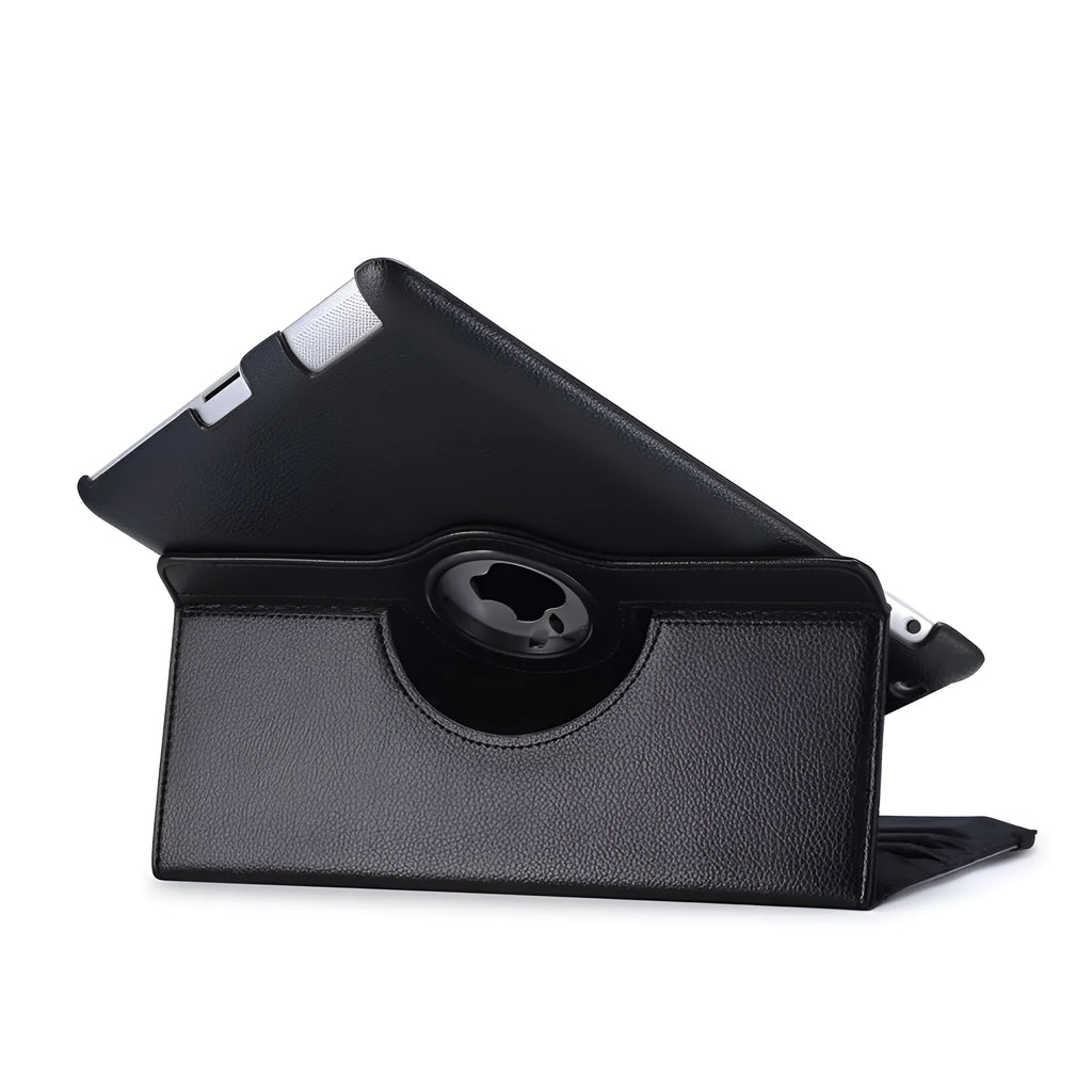 iPad PU leather rotary case in clam shell design shown in multiple colour options on a tablet.