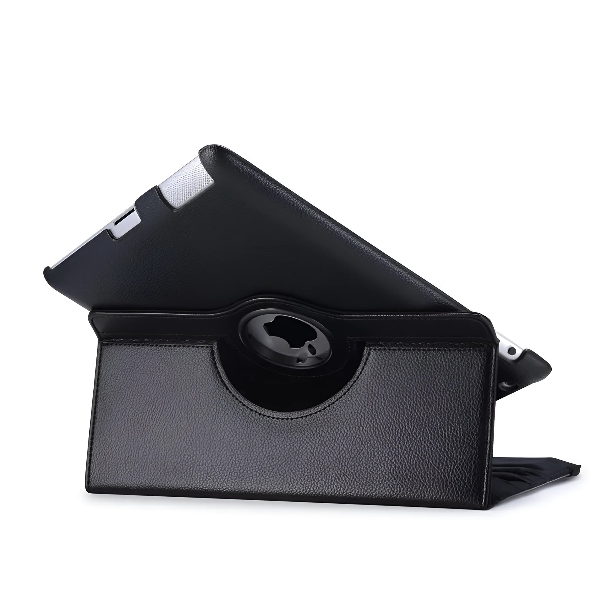 iPad PU leather rotary case in clam shell design shown in multiple colour options on a tablet.