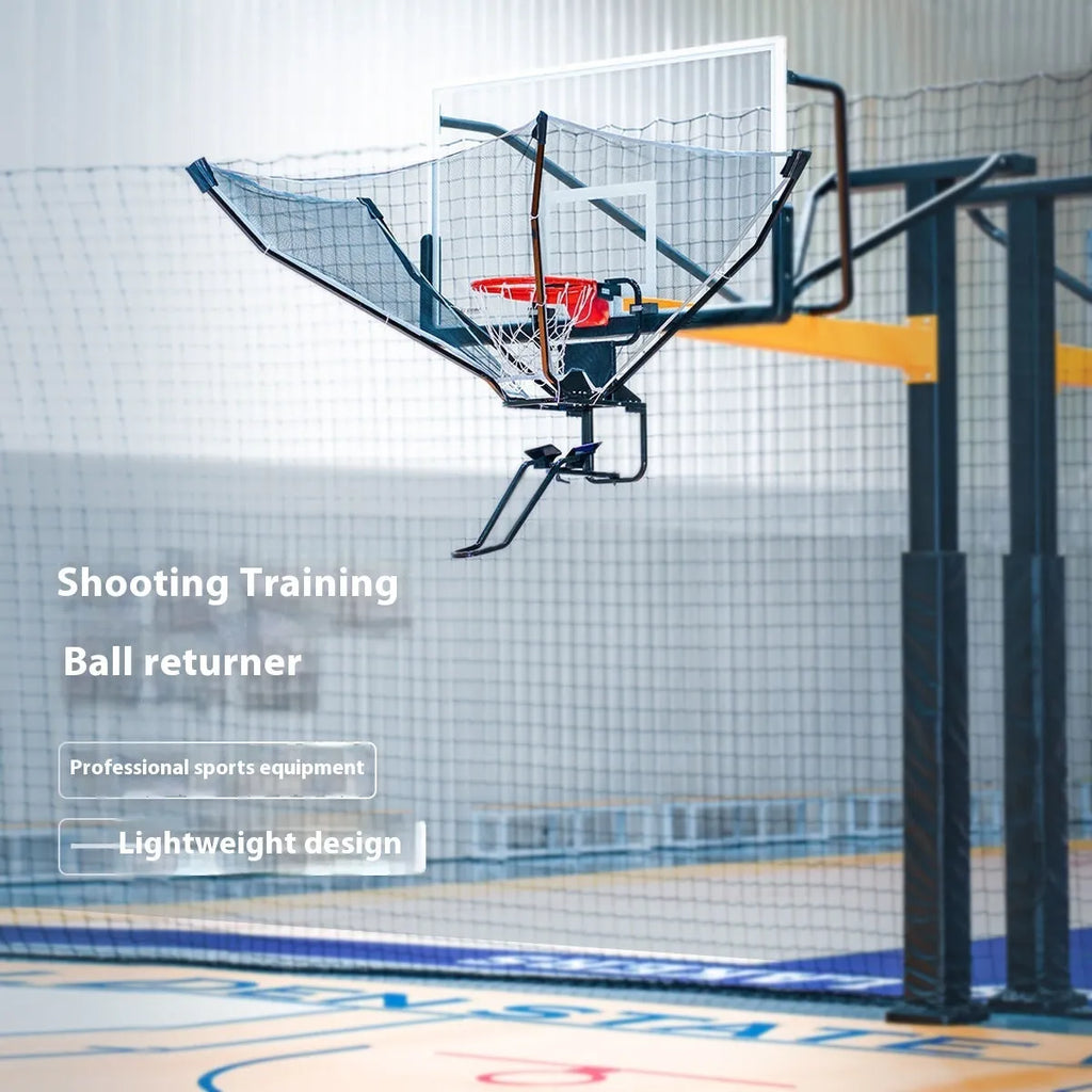 Portable automatic basketball ball return training aid on a court.