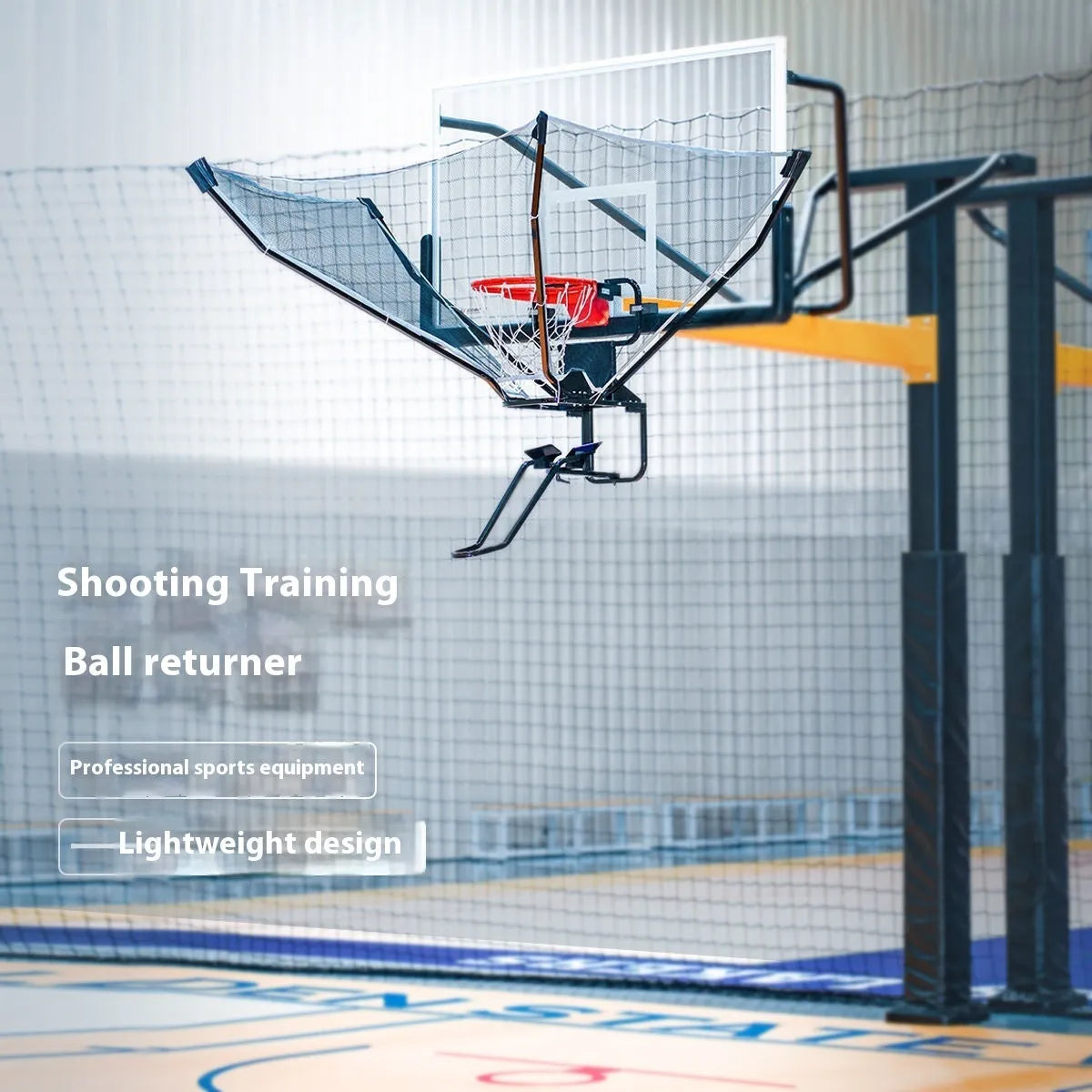 Portable automatic basketball ball return training aid on a court.
