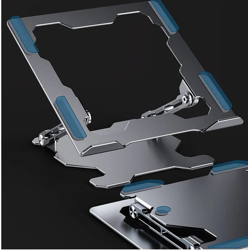 Grey aluminium adjustable and foldable laptop stand on a wooden desk.