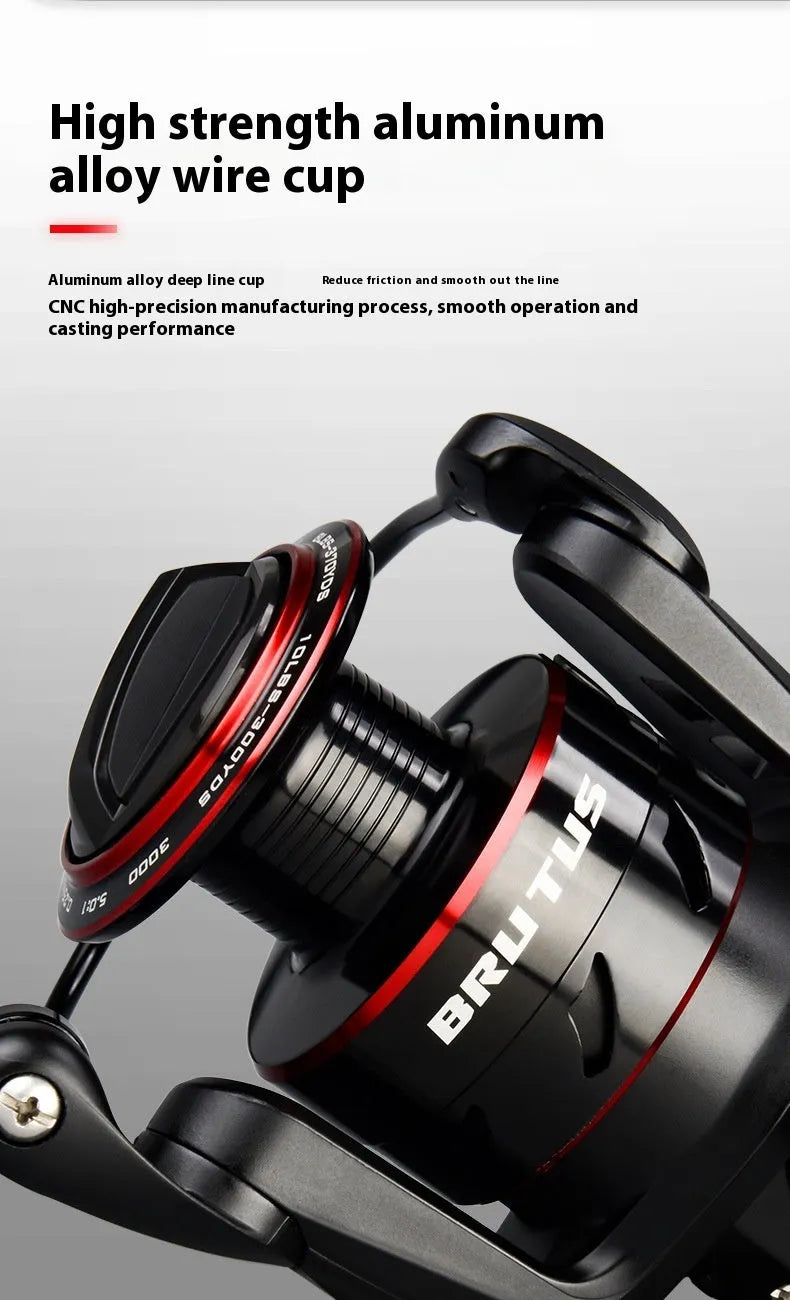 All-metal spinning fishing reel shown in four series sizes with telescopic fishing rod