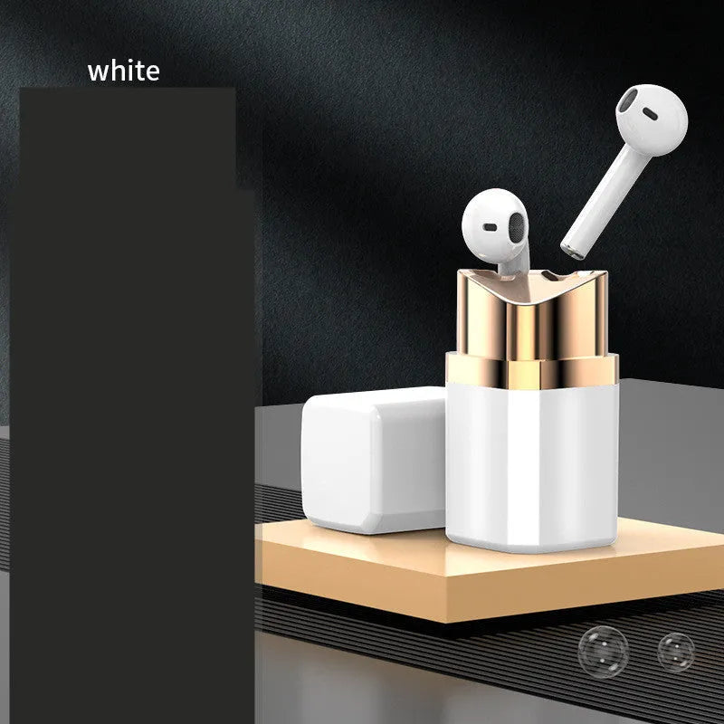 Fashion lipstick case open to show black Bluetooth earbuds with in-ear design.
