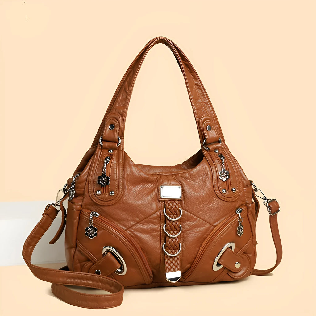 Women's large capacity washed leather PU handbag in black, light brown or blue with slit pocket