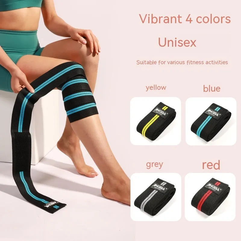 Adjustable free size sports knee pads in blue, grey, red and yellow colours for weightlifting and cycling protection