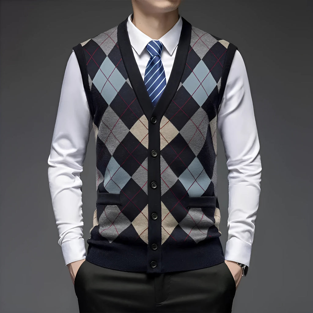 Men's knitted vest cardigan, sleeveless V-neck with pockets, cotton blend jacquard, available in five colours, sizes M to 4XL