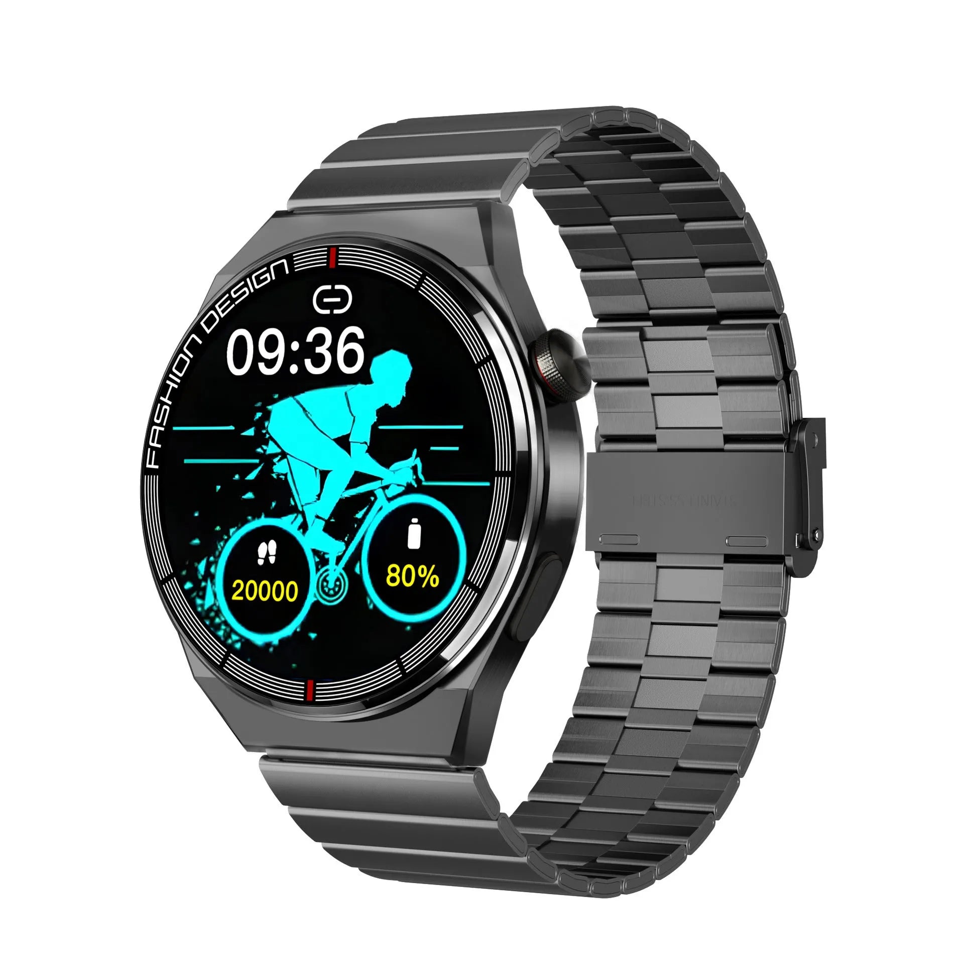Black Bluetooth smartwatch with NFC on a wrist, showing heart rate data on its 1.28-inch screen.