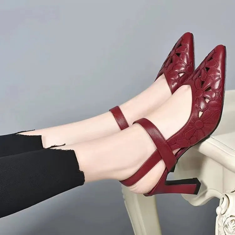 Women's pointed toe high heel sandals with hollowed design in red, black and creamy-white colours