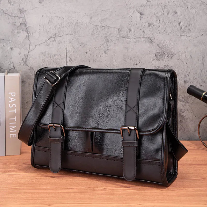 Black Korean-style men's commuter backpack with anti-theft function and sewing thread detailing