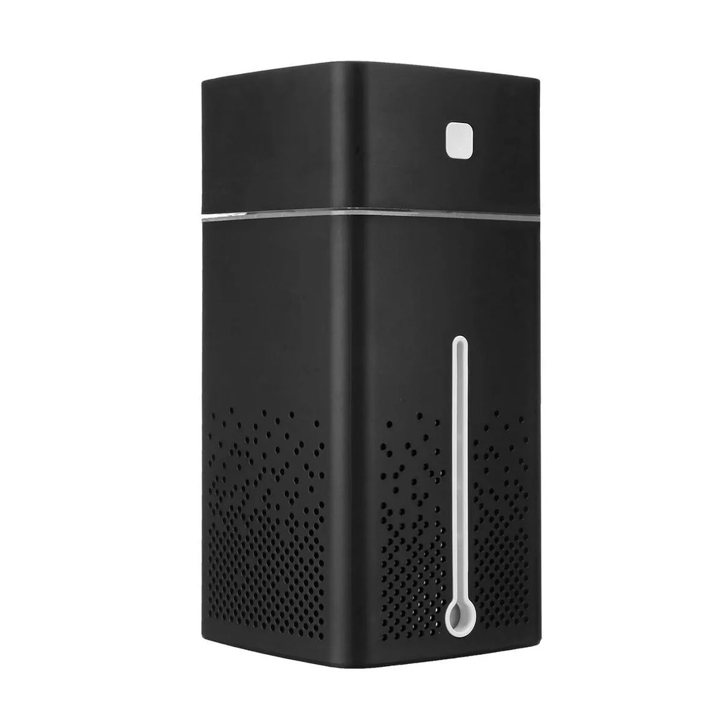 A compact black or white desktop humidifier with USB port, showing dimensions of 103mm by 103mm by 218mm.
