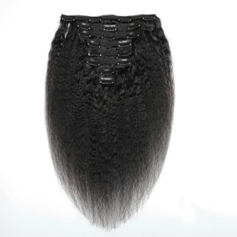 Real human hair clip in wig 8 piece set 120g kinky straight black hair extensions