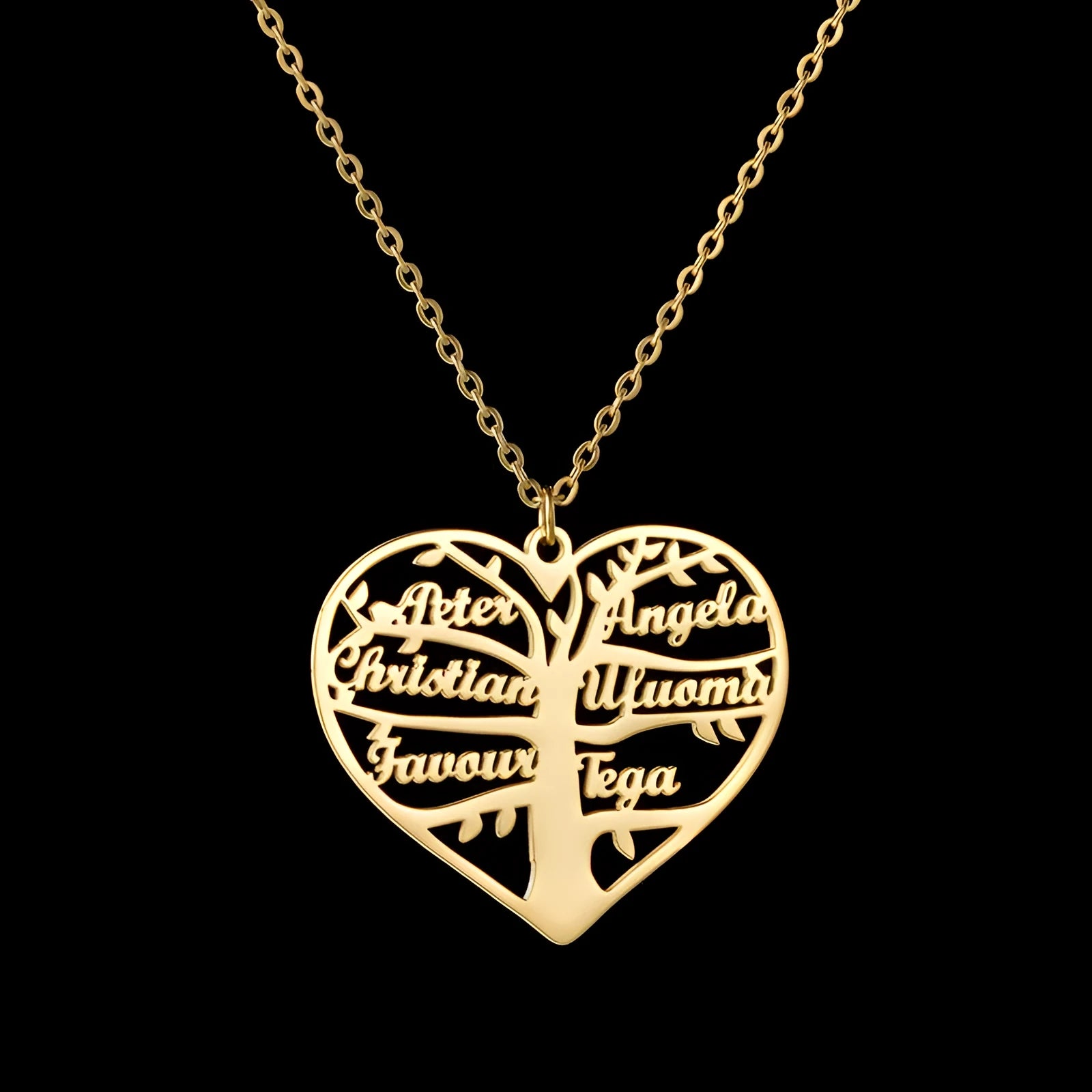 Customisable stainless steel name necklace with hollow heart and English letter lucky tree pendant.