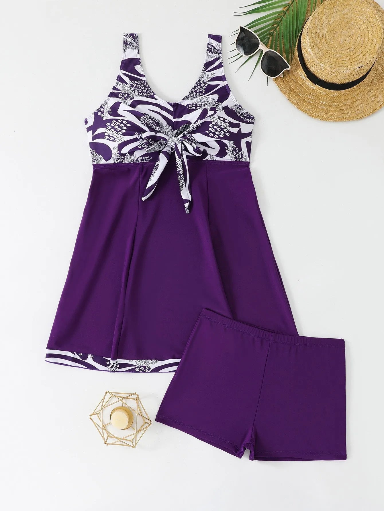 Female skirt style split boxers conservative tankini swimsuit in black with high waist design
