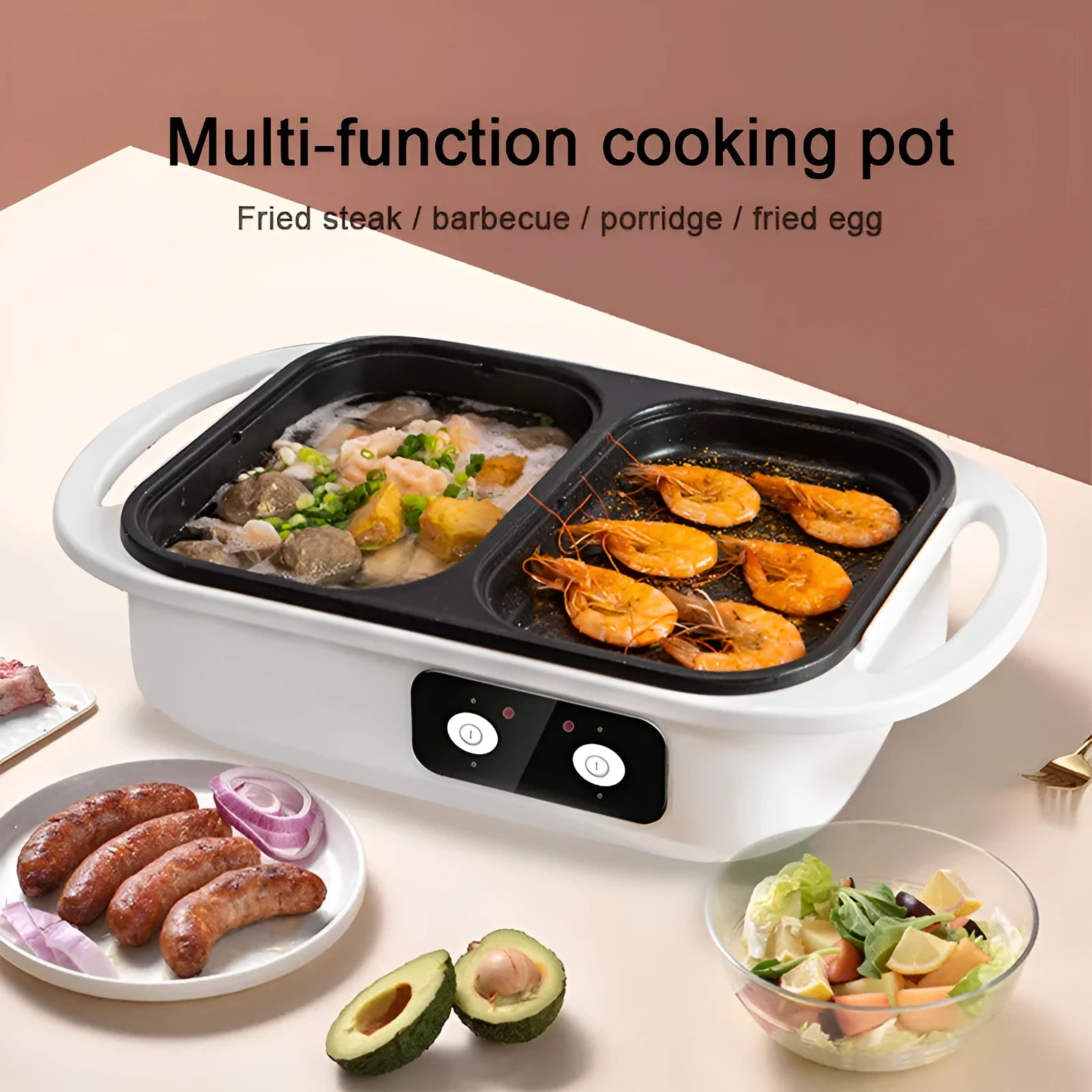 White dual-use electric caldron and frying oven with mechanical controls, compact design for 2-3 person households
