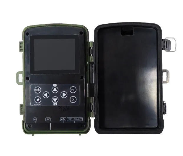 Wild hunting camera in Military Green with 2.0 inch LCD, HD 1080p, 12x optical zoom, and MicroSD slot