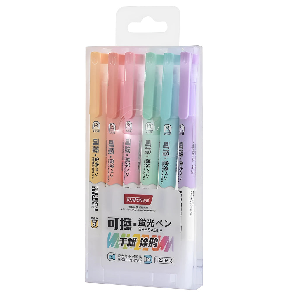 Set of six double-headed erasable fluorescent marker pens in assorted colours.