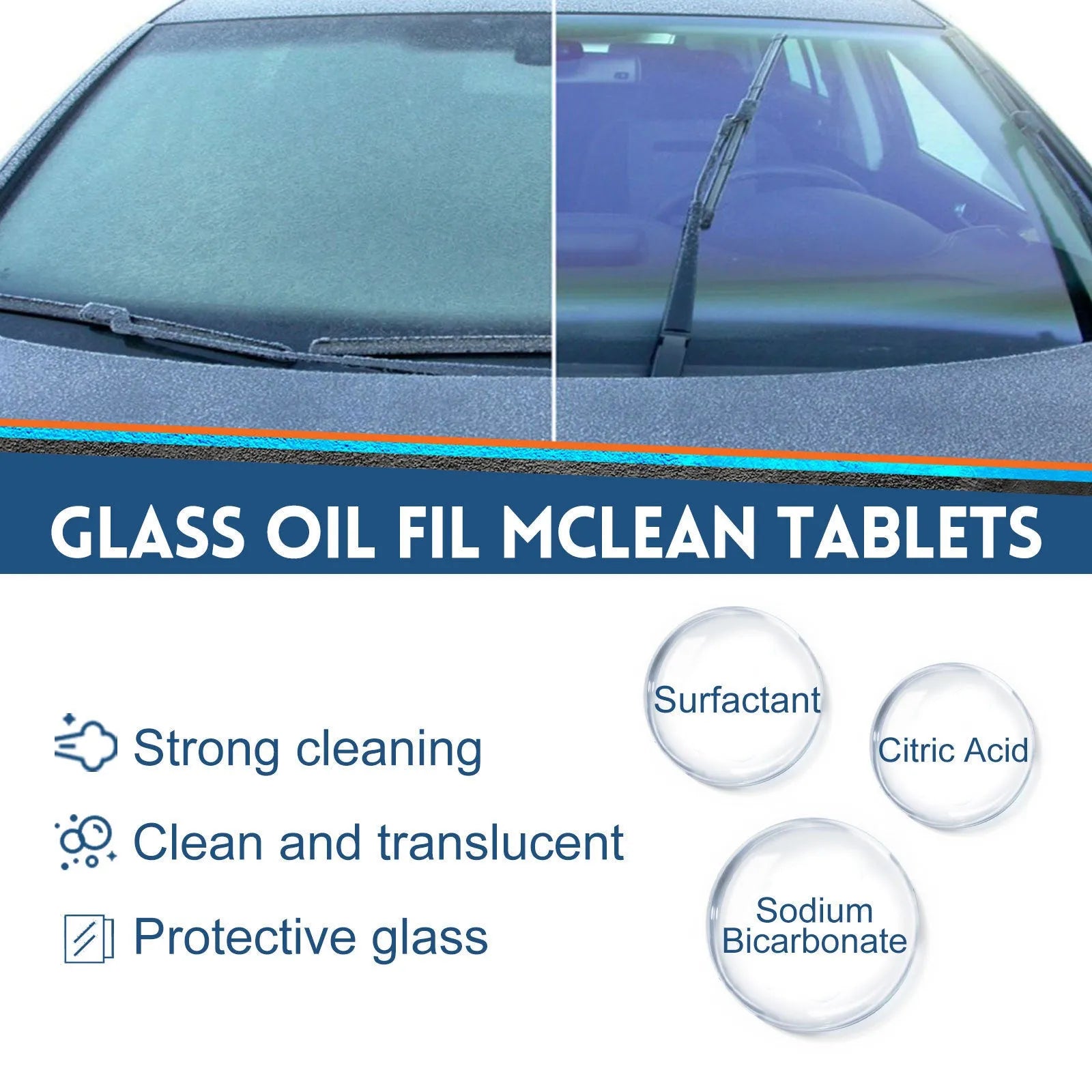 Box of 30 car oil-removing film cleaning effervescent tablets for automotive glass surfaces