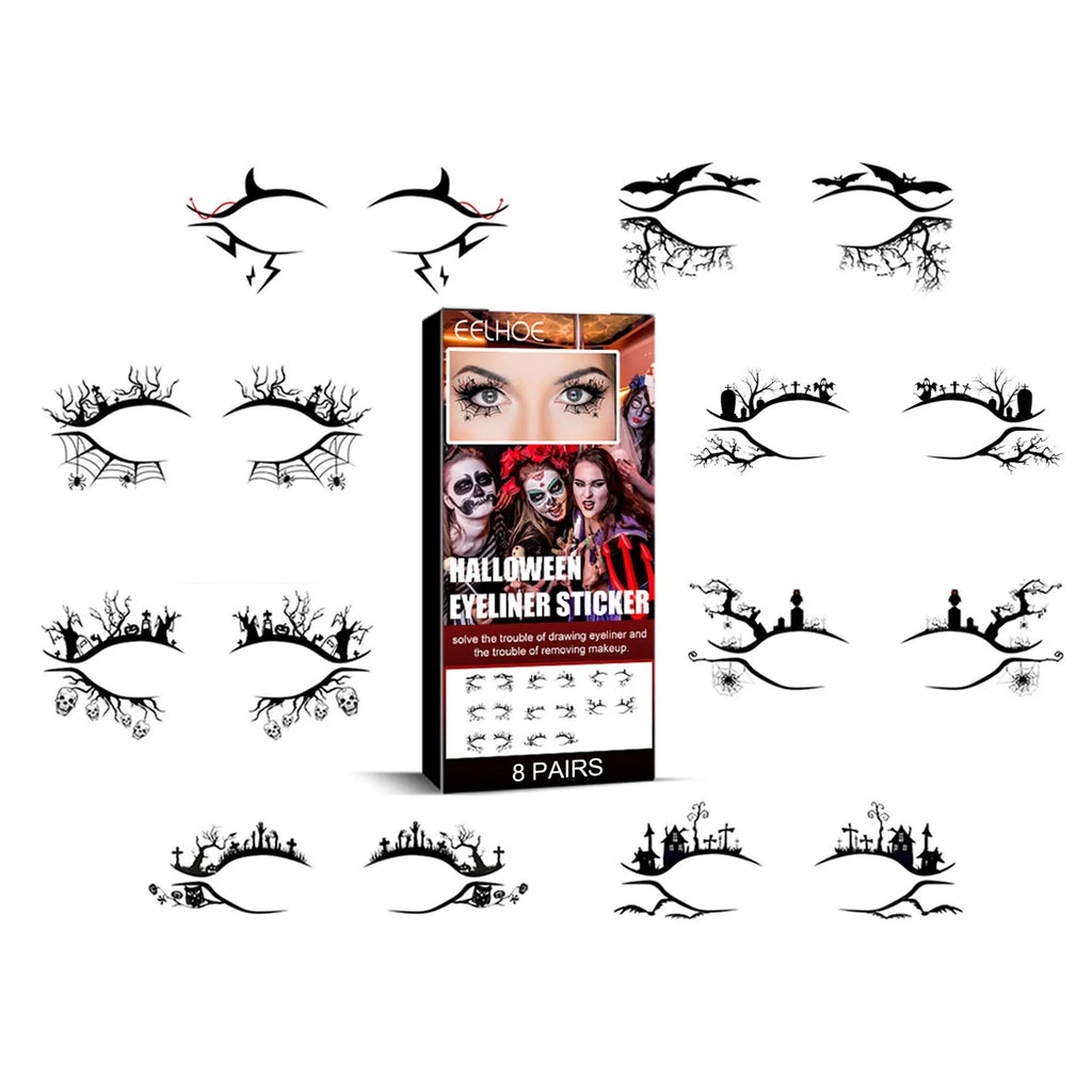 Pack of 8 pairs of bat and spider decorative eyeliner stickers for gothic makeup.