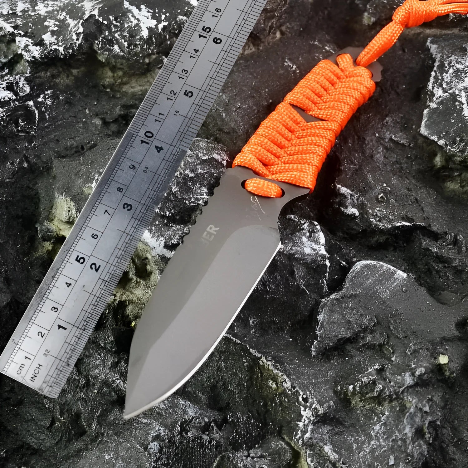 Multi-function survival knife with 80mm blade, binding rope handle and ABS sheath