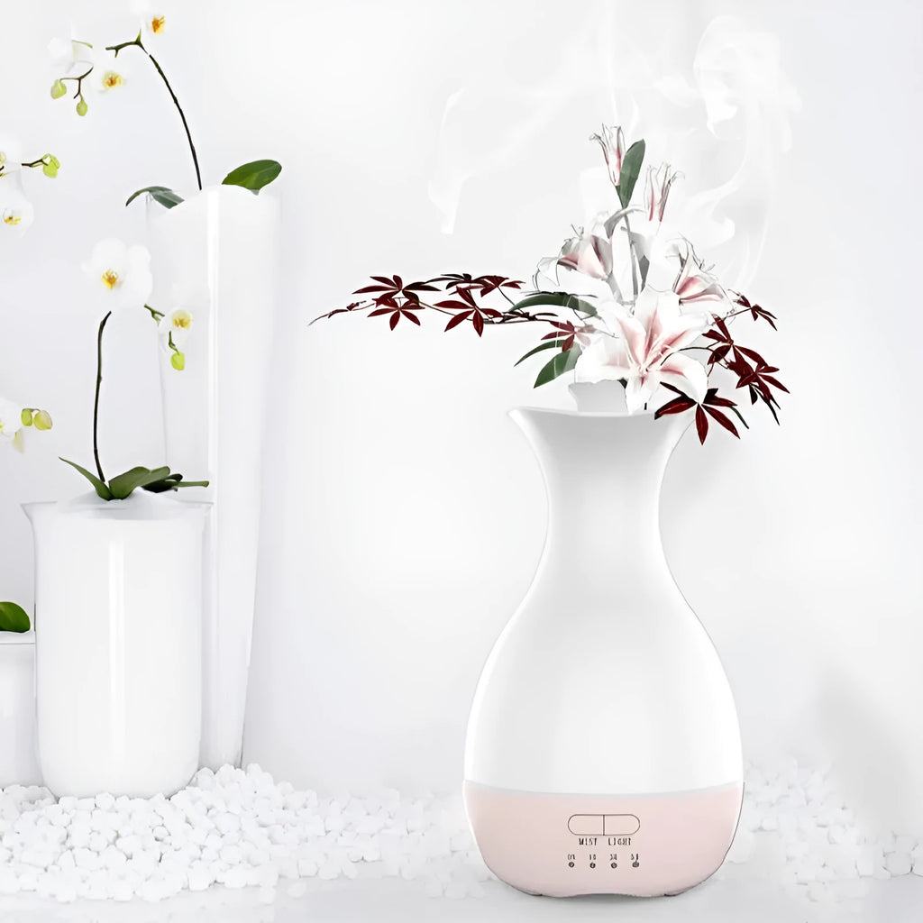 White or pink ultrasonic aromatherapy vase diffuser with 200ml capacity and colourful LED night light