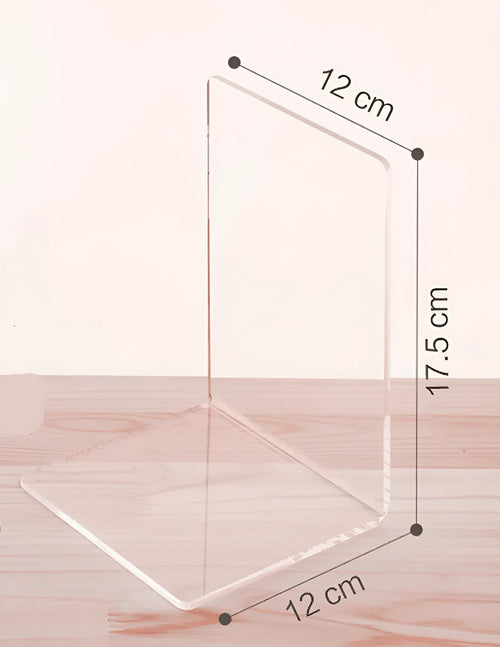 Clear transparent acrylic bookshelf holding a small stack of books on a desk.