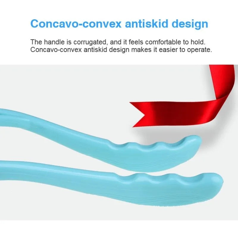 Blue plastic swan-shaped neck massager hand roller with 3D floating points on a white background.