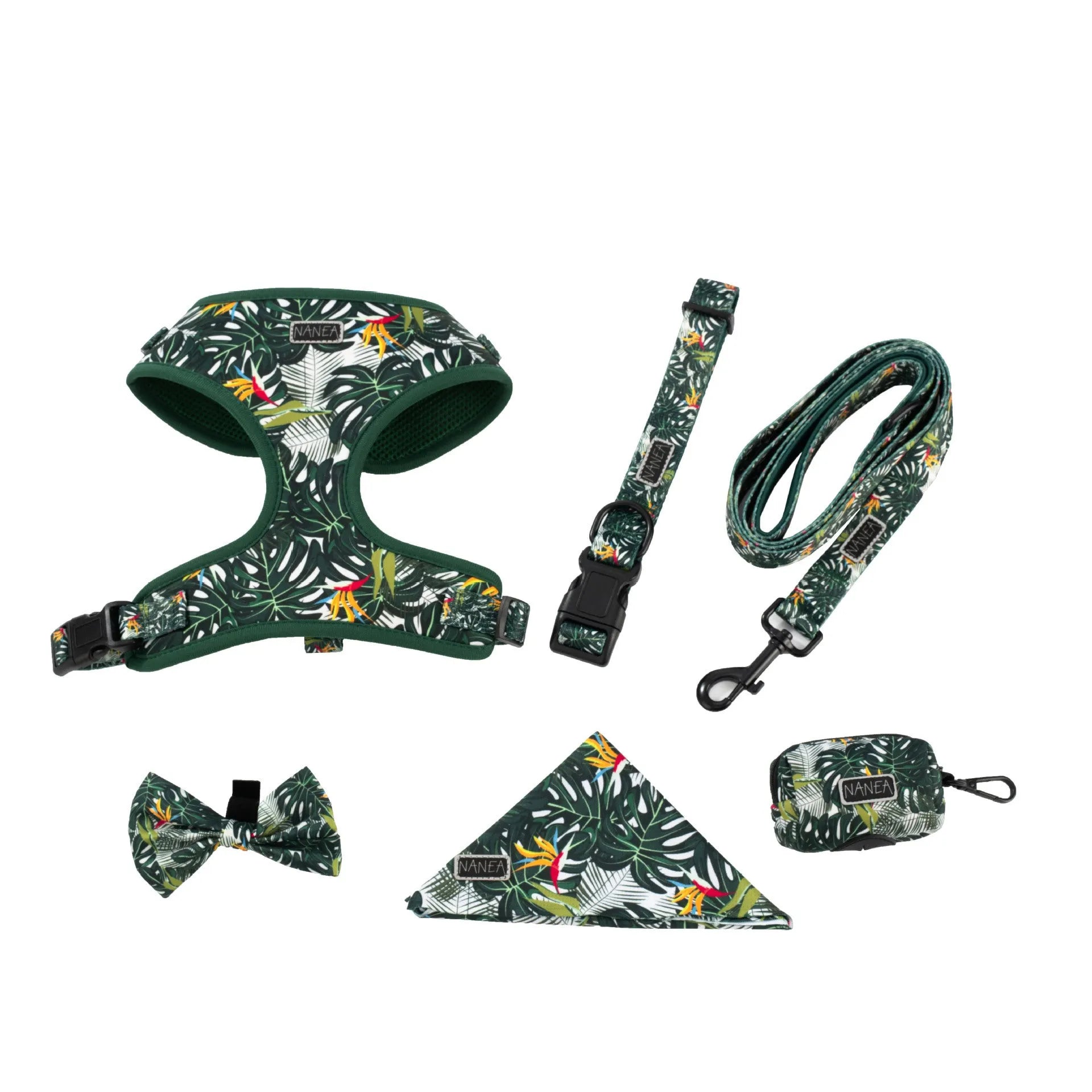Adjustable cloth dog harness and leash six-piece set showing vest, collar, bow tie, scarf, waste bag, and leash in a gift package.